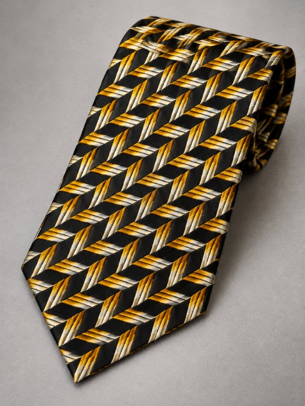 Galante Uomo Men’s 100% Silk Tie Black Orange Gold Geometric Made in Italy